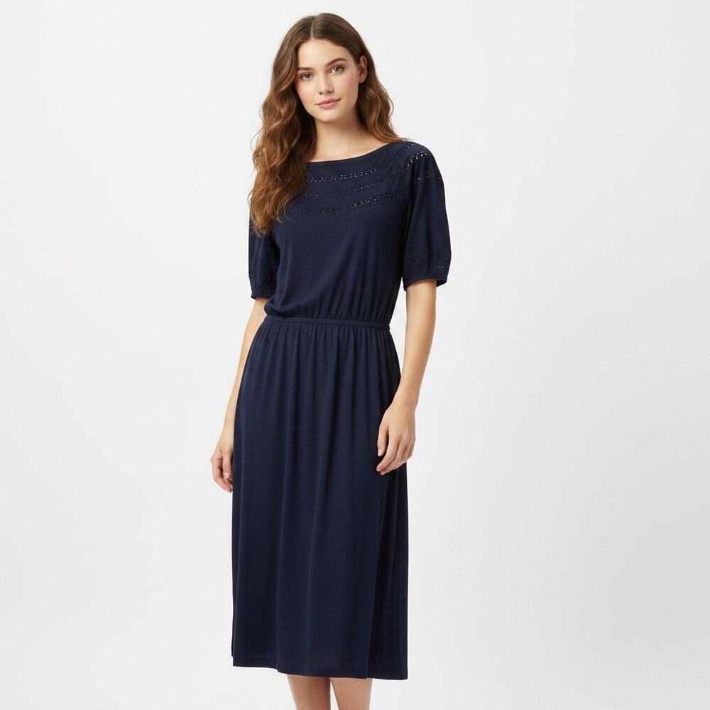 NWT Talbots Eyelet Slub Knit Fit Flare Midi Dress Navy Blue XL Modest Cotton